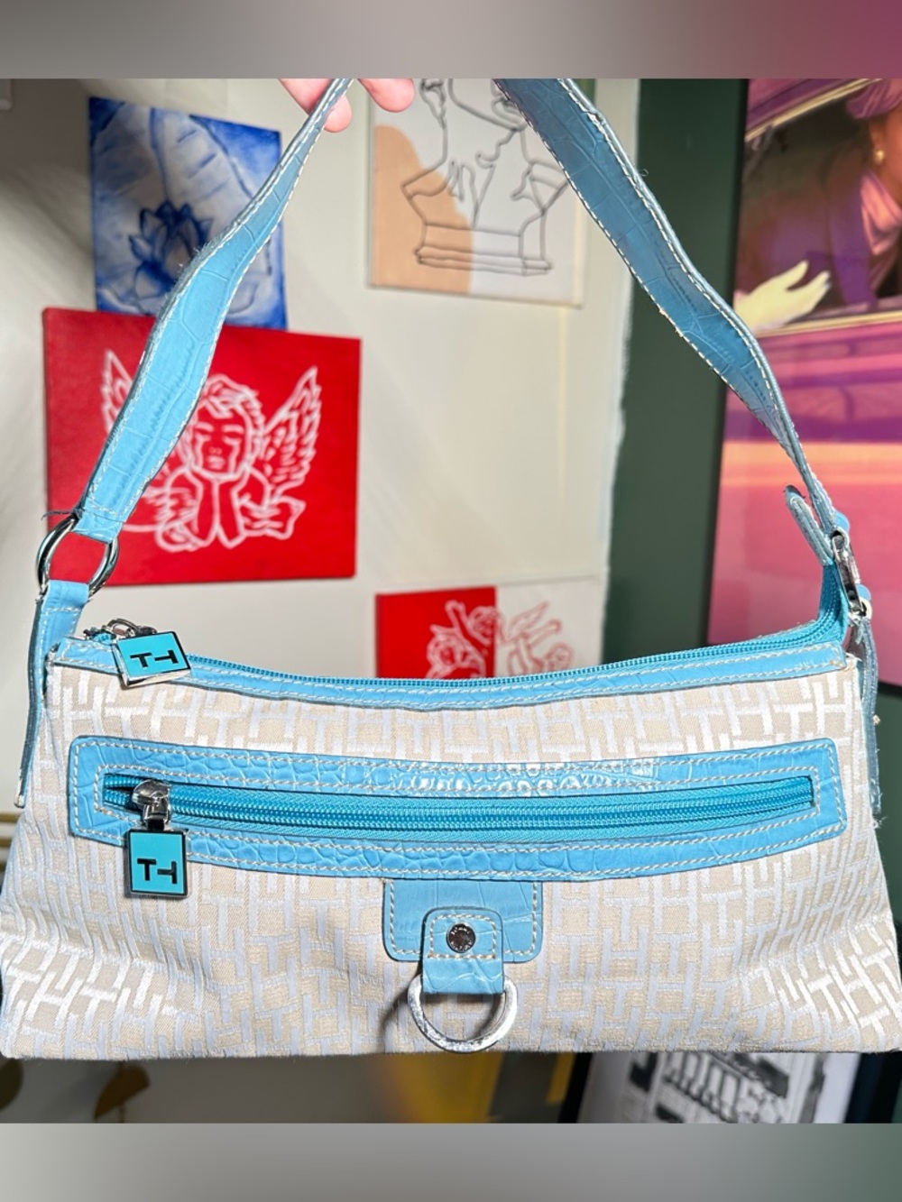 Tommy Hilfiger Cream Monogram Shoulder Bag with Blue Trim